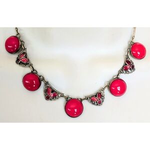 Gorgeous Antique Art Nouveau Lipstick Red Enamel Glass Brass Choker Necklace 15"